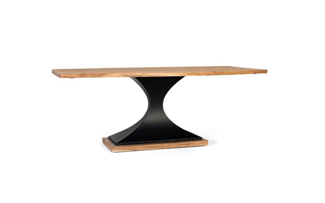 MESA DE COMEDOR MADERA DE ACACIA VETEADA TAPA CON LATERALES CURVOS Y BASE DE METAL MED: 200 X 100 X 76 CM ALTO