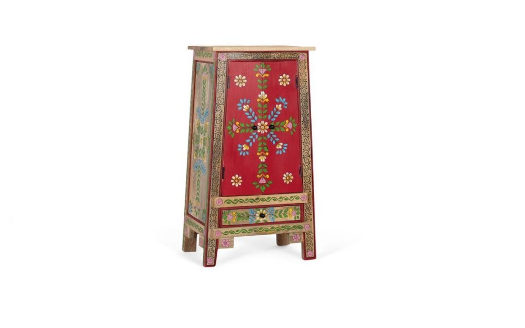 TAQUILLÓN 2 PUERTAS 1 CAJÓN MADERA DE MANGO PINTADOS A MANO MED: 50 X 35 X 92 CM ALTO