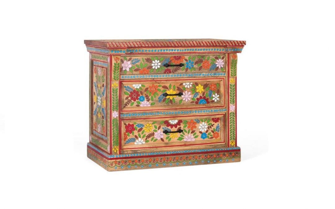 CÓMODA 3 CAJONES MADERA DE MANGO PINTADA A MANO MED: 92 X 48 X 78 CM ALTO