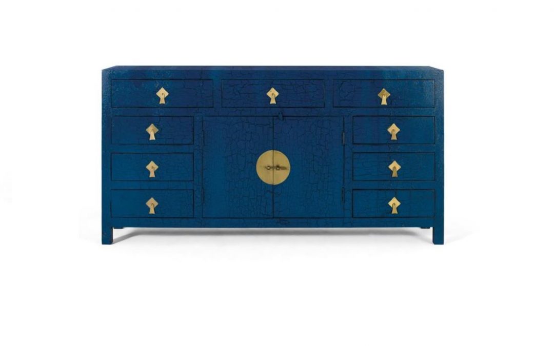 APARADOR 9 CAJONES 2 PUERTAS MADERA DE MANGO LACADO COLOR AZUL EFECTO DESGASTADO ESTILO ZEN Y HERRAJES DORADO ENVEJECIDO MED: 180 X 40 X 90 CM ALTO