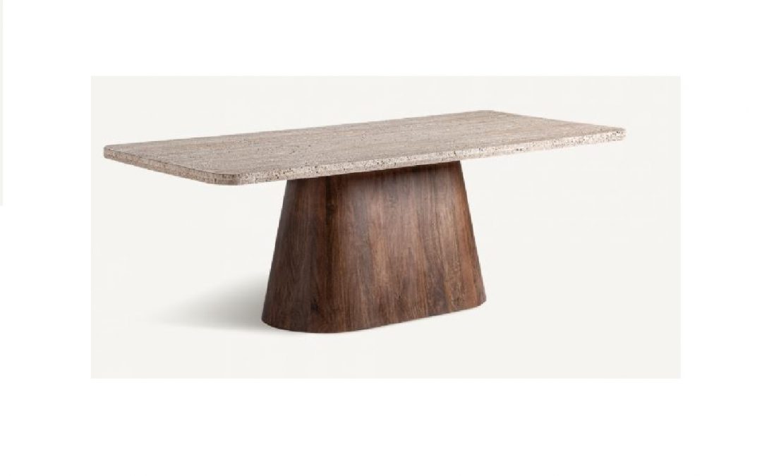 MESA DE COMEDOR ESTILO ART DECÓ MÁRMOL TRAVERTINO Y BASE MADERA DE ACACIA MED: 220 X 100 X 75 CM ALTO