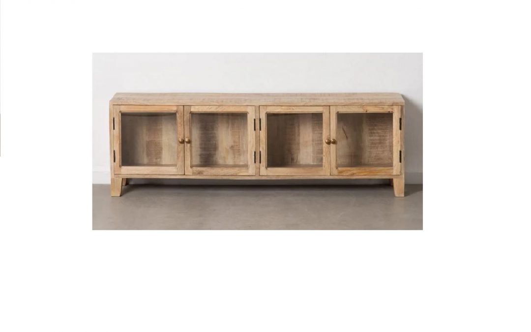MUEBLE T.V. 4 PUERTAS MADERA DE MANGO COLOR BLANCO ROZADO Y CRISTAL MED: 160 X 35,5 X 52,5 CM ALTO