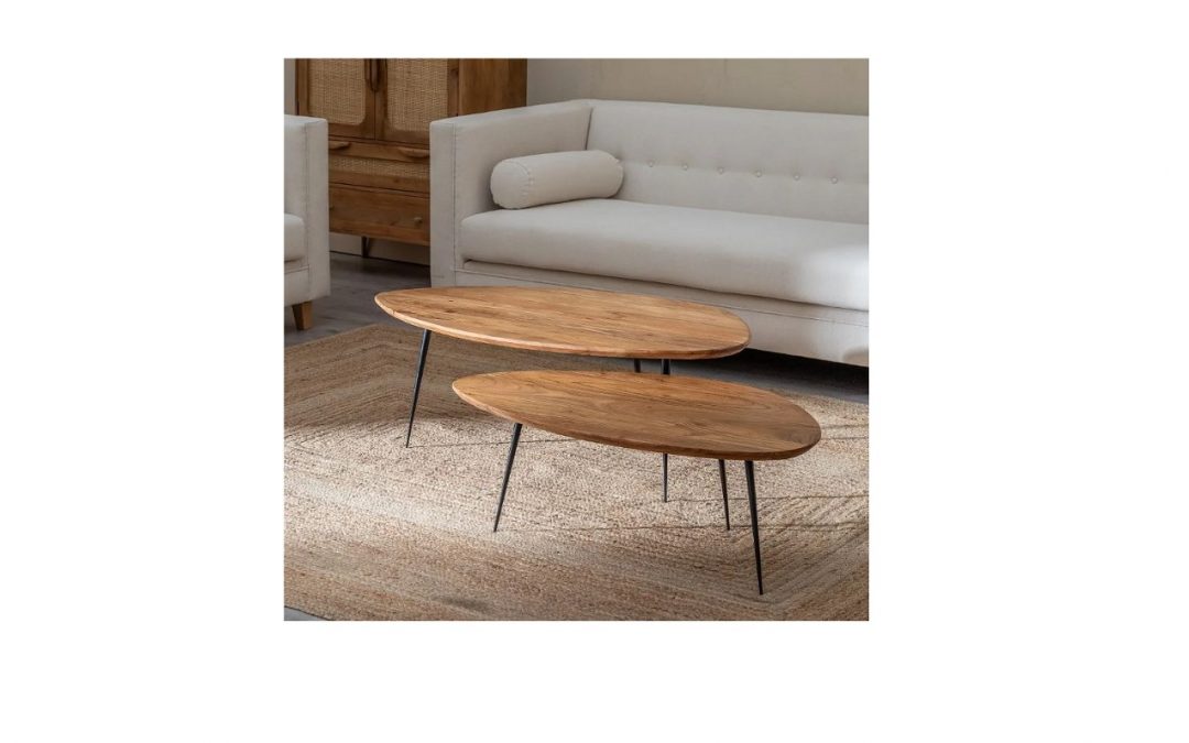 SET 2 MESAS DE CENTRO MADERA DE ACACIA / METAL MED: 110 X 63 X 40 CM ALTO / 90 X 52 X 33 CM ALTO
