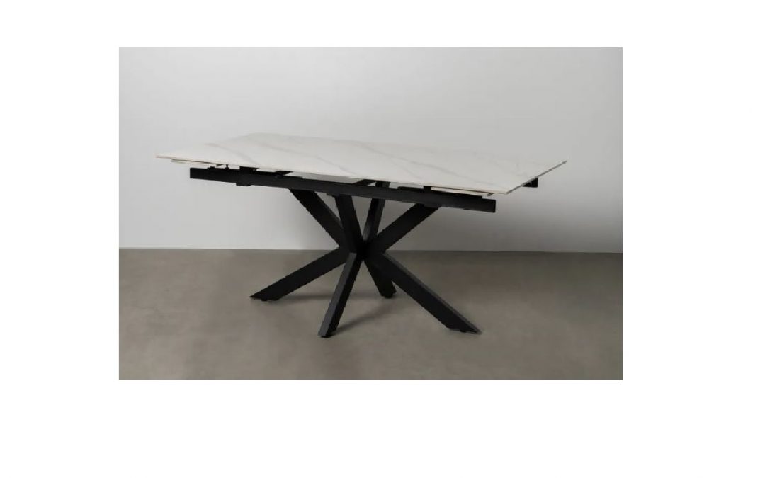 MESA DE COMEDOR EXTENSIBLE TOP CERÁMICO IMITACIÓN MÁRMOL COLOR BLANCO Y PATA METÁLICA NEGRA MED: 170 X 90 X 76 CM ALTO EXTENSIBLE A 220 X 90 CM