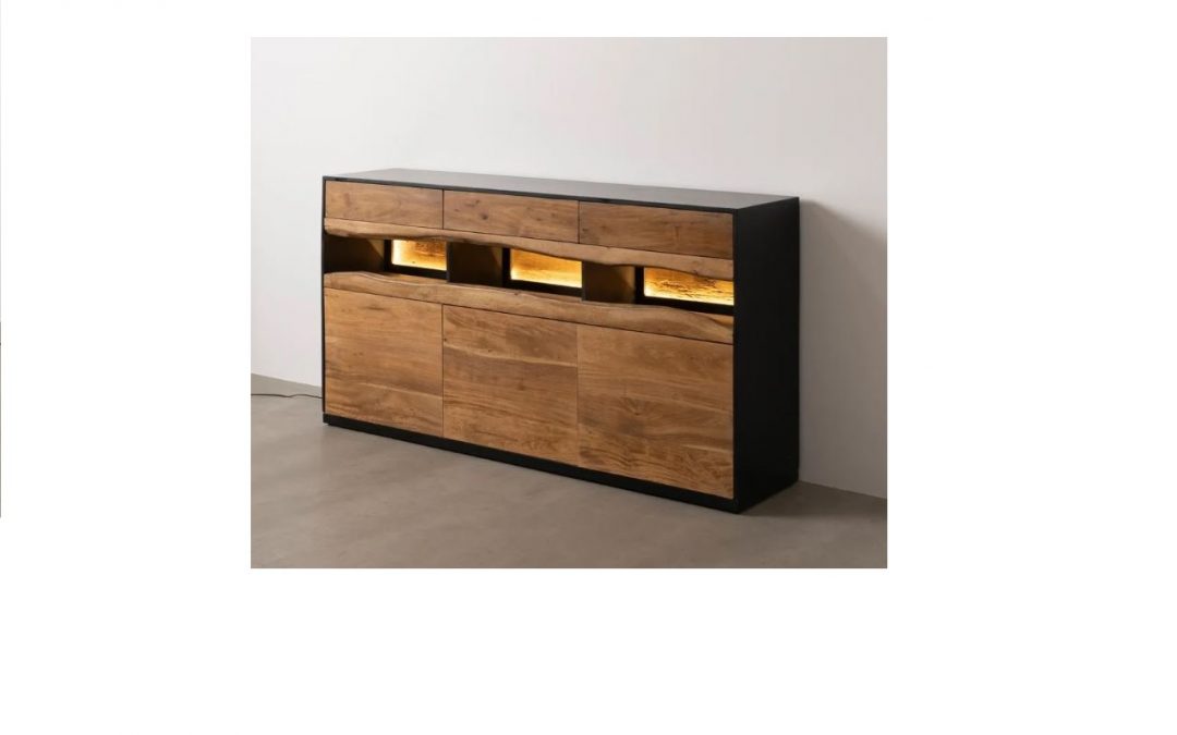 APARADOR 3 CAJONES 3 PUERTAS Y 3 HUECOS CON LUZ LED MADERA DE ACACIA MED: 180 X 40 X 93 CM ALTO