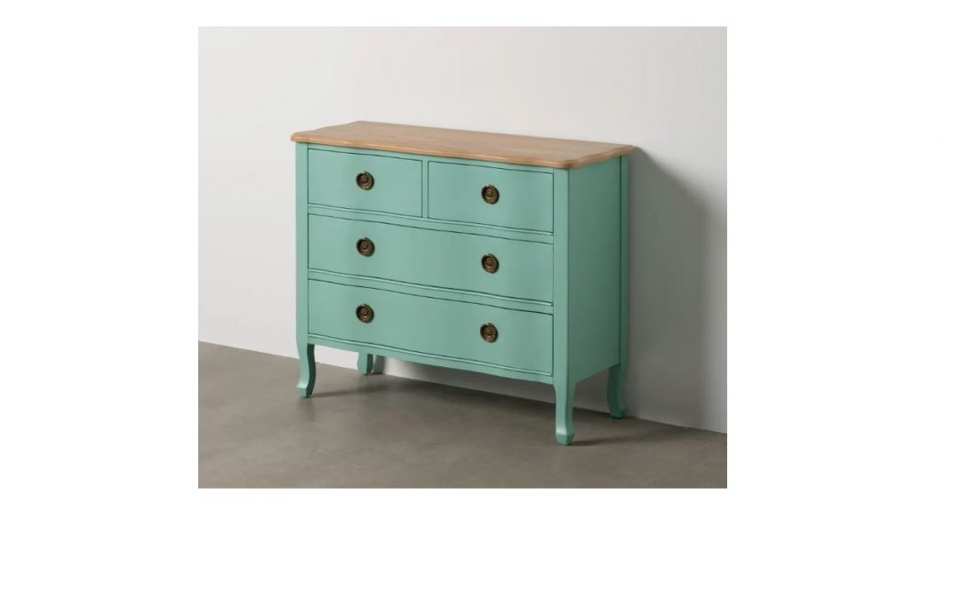 CÓMODA 4 CAJONES MADERA COLOR TURQUESA Y TAPA NATURAL MED: 93 X 38 X 78 CM ALTO