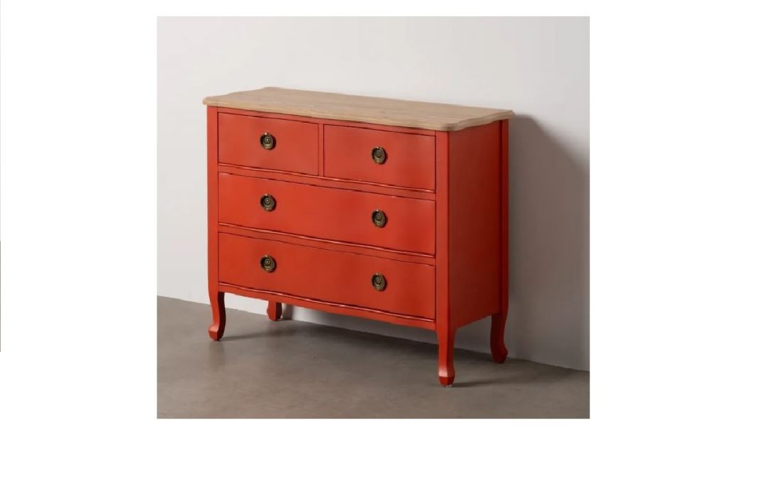 CÓMODA 4 CAJONES MADERA COLOR TERRACOTA Y TAPA NATURAL MED: 93 X 38 X 78 CM ALTO