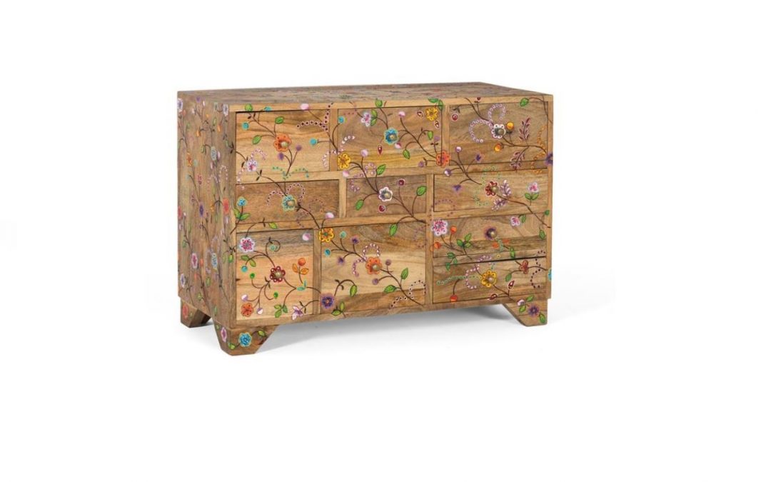 CÓMODA 10 CAJONES DE DISTINTOS TAMAÑOS MADERA DE MANGO PINTADO A MANO MED: 80 X 33 X 55 CM ALTO