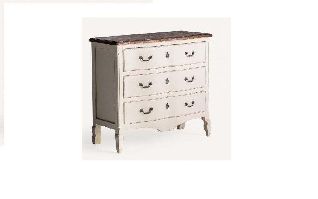 CÓMODA 3 CAJONES MADERA DE OLMO ACABADO BLANCO ROTO ENVEJECIDO CON TAPA NATURAL Y TIRADORES HIERRO MED: 100 X 45 X 90 CM ALTO