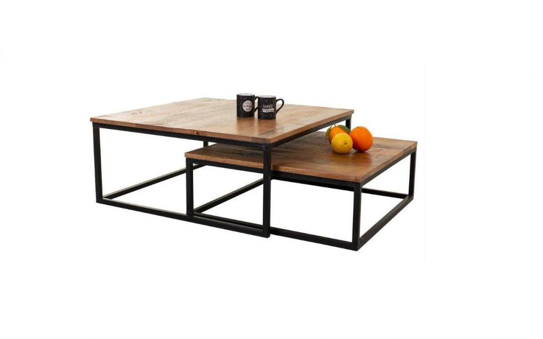 SET 2 MESAS DE CENTRO MADERA Y METAL MED: 75 X 75 X 34 CM ALTO / 65 X 65 X 28 CM ALTO