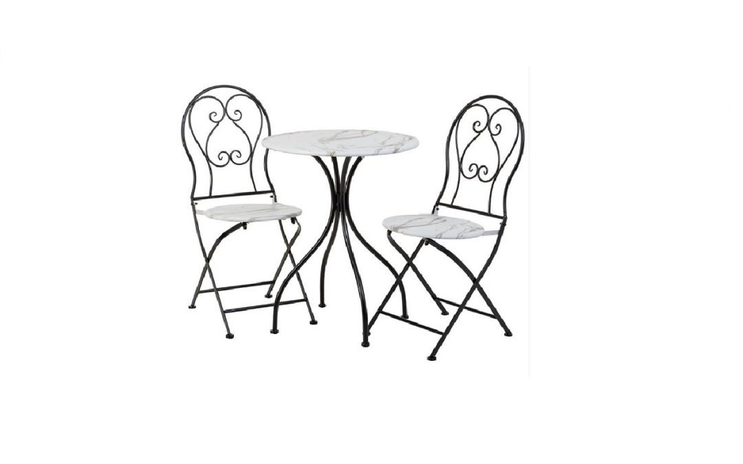 SET JARDÍN MESA + 2 SILLAS FORJA COLOR NEGRO Y TAPA Y ASIENTOS MÁRMOL BLANCO MED: 60 X 60 X 75 CM ALTO / 38 X 45 X 92 CM ALTO