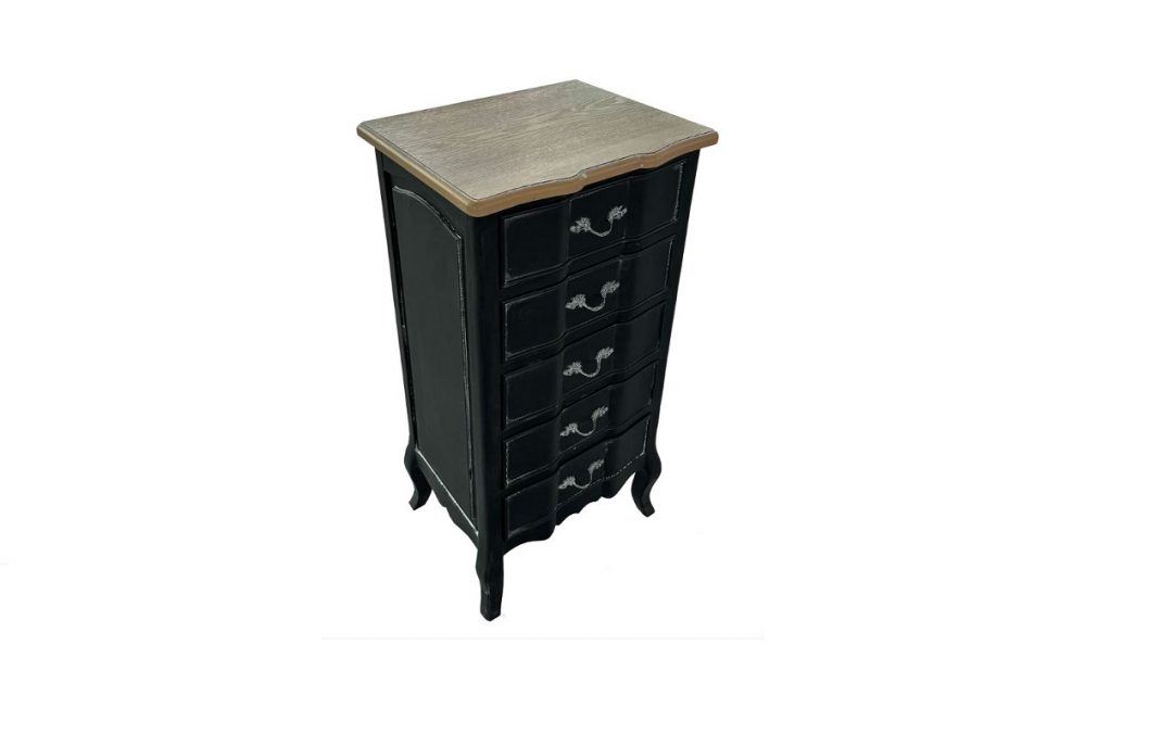 CHIFFONIER 5 CAJONES LACADO NEGRO ENVEJECIDO Y TAPA NATURAL MED: 50 X 40 X 98 CM ALTO