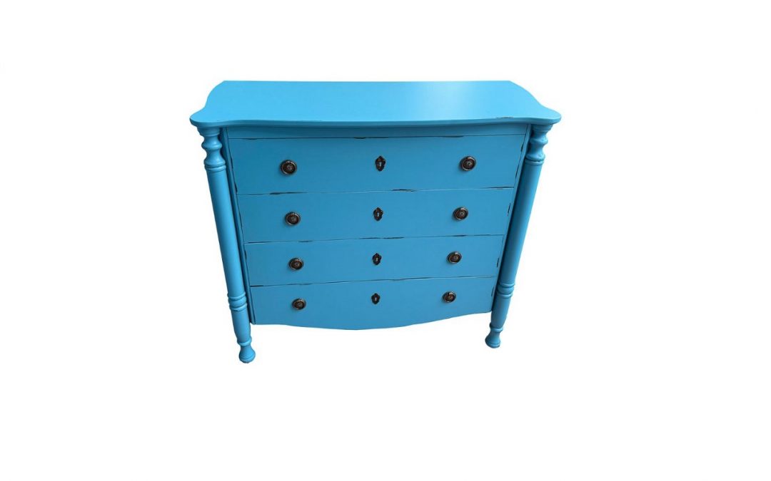 CÓMODA 4 CAJONES MADERA LACADO COLOR AZUL ENVEJECIDO MED: 100 X 40 X 90 CM ALTO