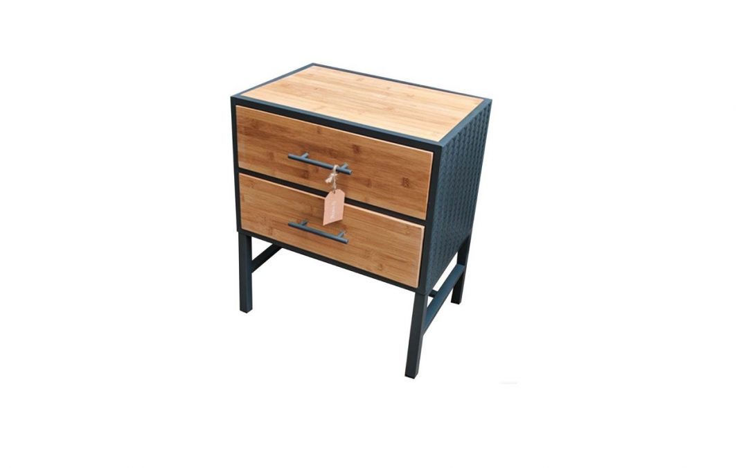 MESITA 2 CAJONES METAL COLOR NEGRO Y MADERA MED: 50 X 35 X 60 CM ALTO