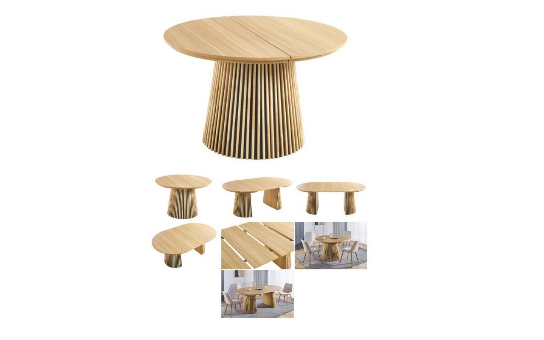 MESA DE COMEDOR REDONDA EXTENSIBLE MDF Y PAPEL LAMINADO CON PATAS DE CONO EN PALILLERÍA MED: 120 X 120 X 75 CM ALTO EXTENSIBLE A 200 CM