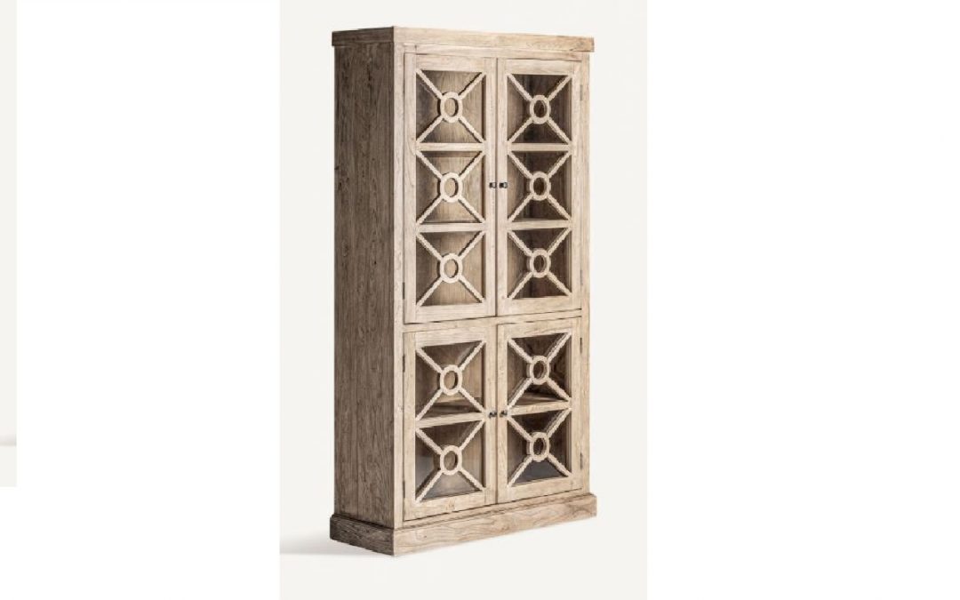 VITRINA 4 PUERTAS ESTILO COLONIAL CON ESTANTES INTERIORES MADERA DE OLMO / CRISTAL MED: 112 X 41 X 205 CM ALTO