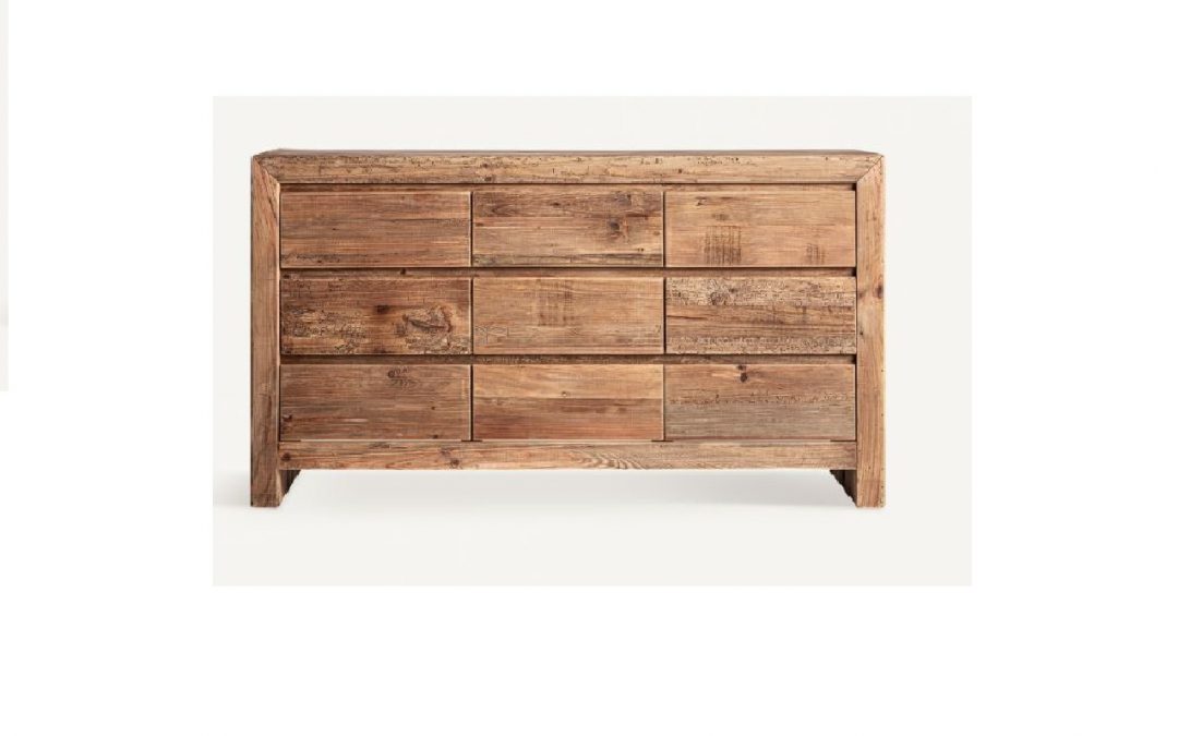 CÓMODA 9 CAJONES ESTILO RÚSTICO MADERA DE PINO RECICLADO ENVEJECIDO MED: 161 X 48 X 90 CM ALTO