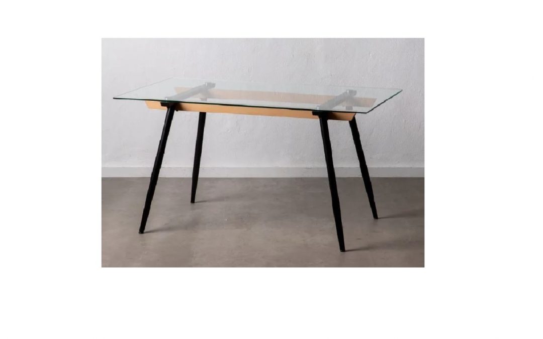 MESA DE COMEDOR FIJA CRISTAL TEMPLADO 8 MM MADERA DE HAYA Y METAL MED: 140 X 80 X 75 CM ALTO