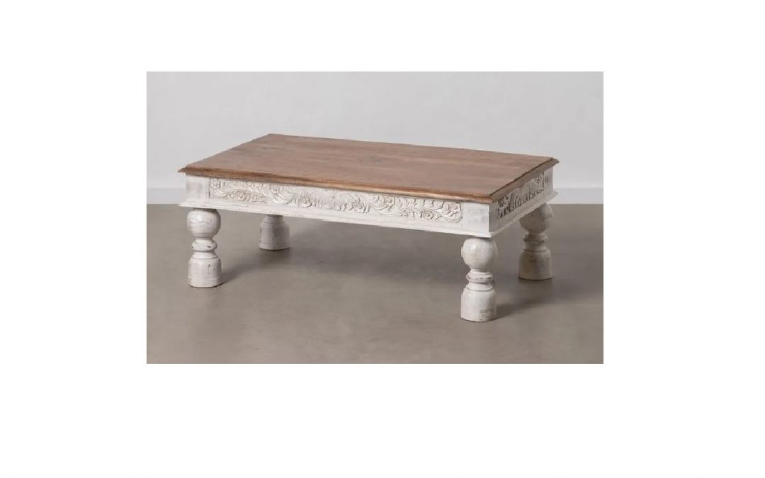 MESA DE CENTRO MADERA DE MANGO TALLADO COLOR BLANCO ENVEJECIDO Y TAPA NATURAL MED: 120 X 70 X 45 CM ALTO