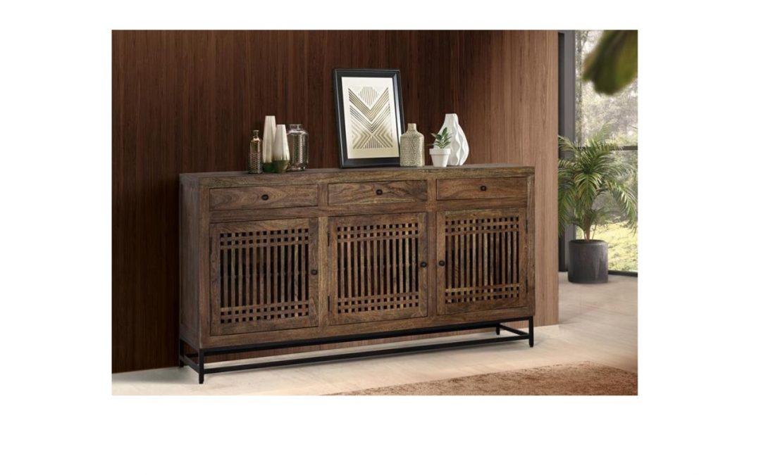 APARADOR 3 PUERTAS 3 CAJONES MADERA DE ACACIA Y BASE DE METAL CON ESTANTES INTERIORES MED: 180 X 45 X 90 CM ALTO