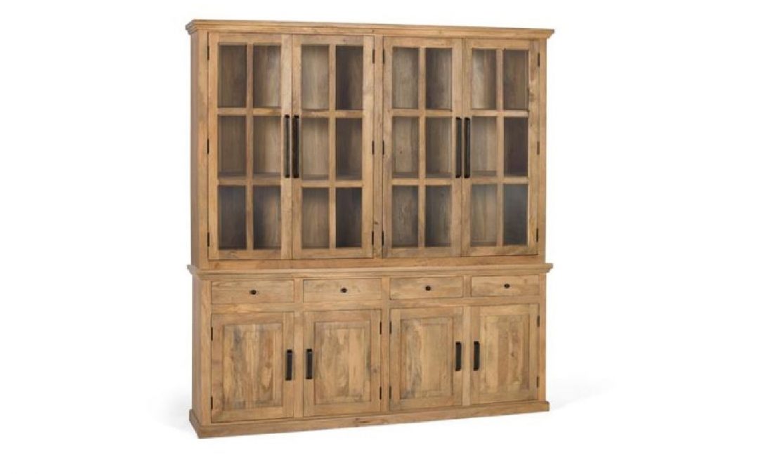 ALACENA 8 PUERTAS 4 CAJONES MADERA DE MANGO ACABADO NATURAL TIRADORES Y BISAGRAS COLOR NEGRO MATE MED: 208 X 45 X 226 CM ALTO