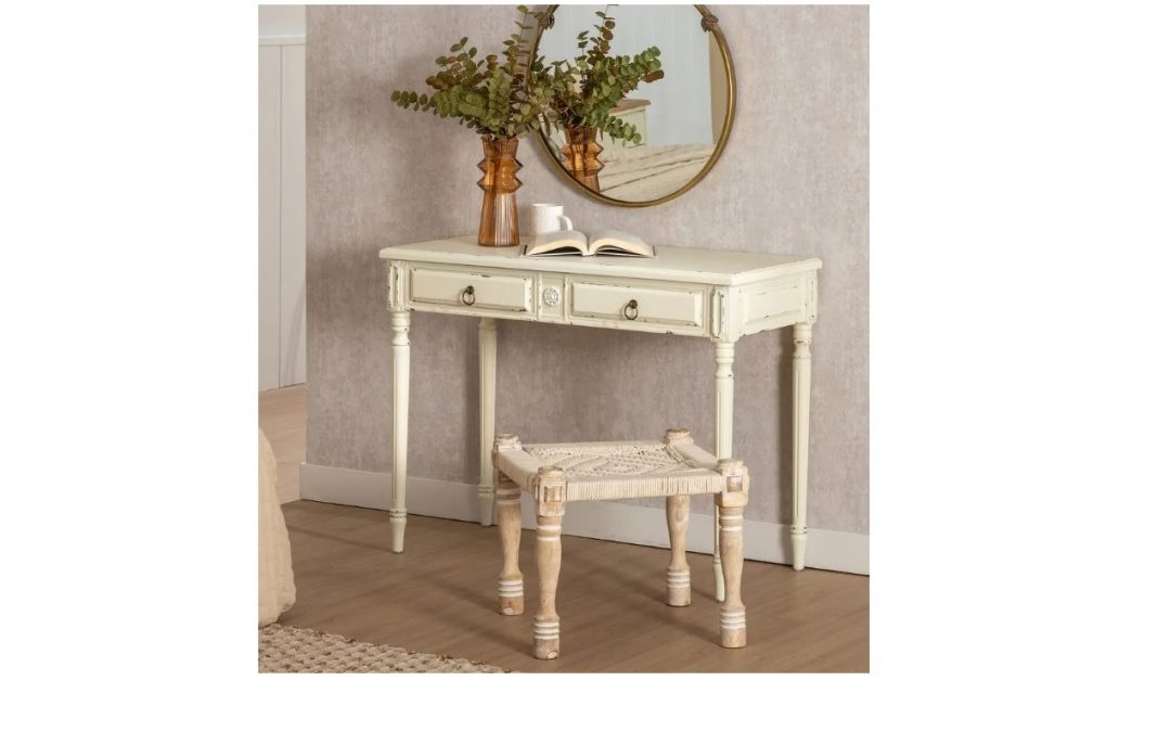 CONSOLA 2 CAJONES MADERA DE PINO ACABADO BLANCO ROZADO MED: 100 X 45 X 76 CM ALTO