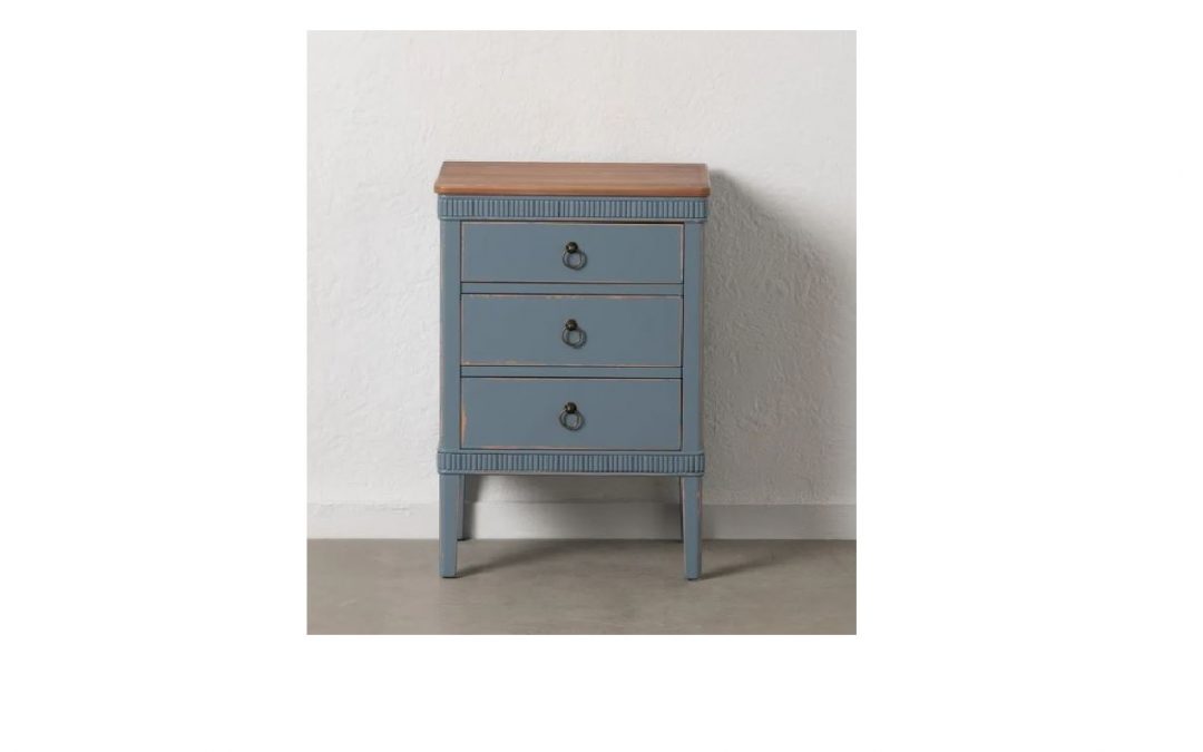 MESITA 3 CAJONES MADERA COLOR AZUL Y TAPA NATURAL MED: 50 X 38 X 72 CM ALTO