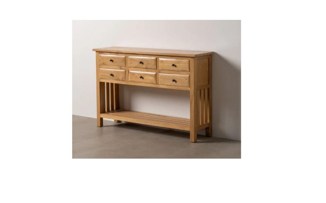 CONSOLA 6 CAJONES + BALDA INFERIOR MADERA DE MINDI ACABADO NATURAL MED: 130 X 35 X 85 CM ALTO