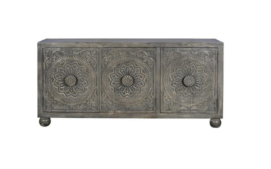 APARADOR 3 PUERTAS MADERA DE MANGO TALLADO CON ESTANTES INTERIORES COLOR GRIS ENVEJECIDO MED: 172 X 43 X 82 CM ALTO