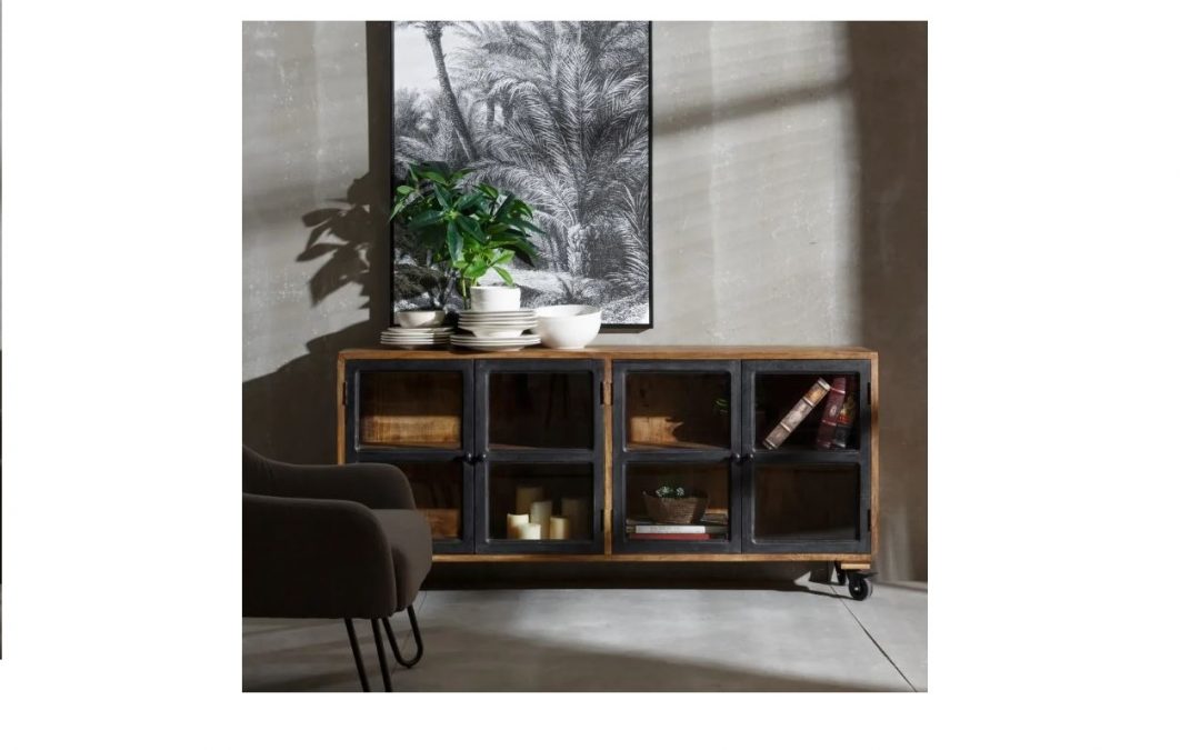 APARADOR 4 PUERTAS MADERA DE MANGO COLOR NEGRO / NATURAL / CRISTAL Y RUEDAS DE HIERRO MED: 160 X 35 X 71 CM ALTO