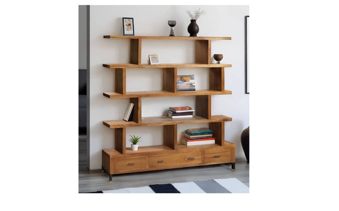 LIBRERÍA SEPARADOR DE AMBIENTES IRREGULAR 3 CAJONES MADERA DE MINDI / HIERRO TIRADORES BRONCE MED: 160 X 35 X 170 CM ALTO