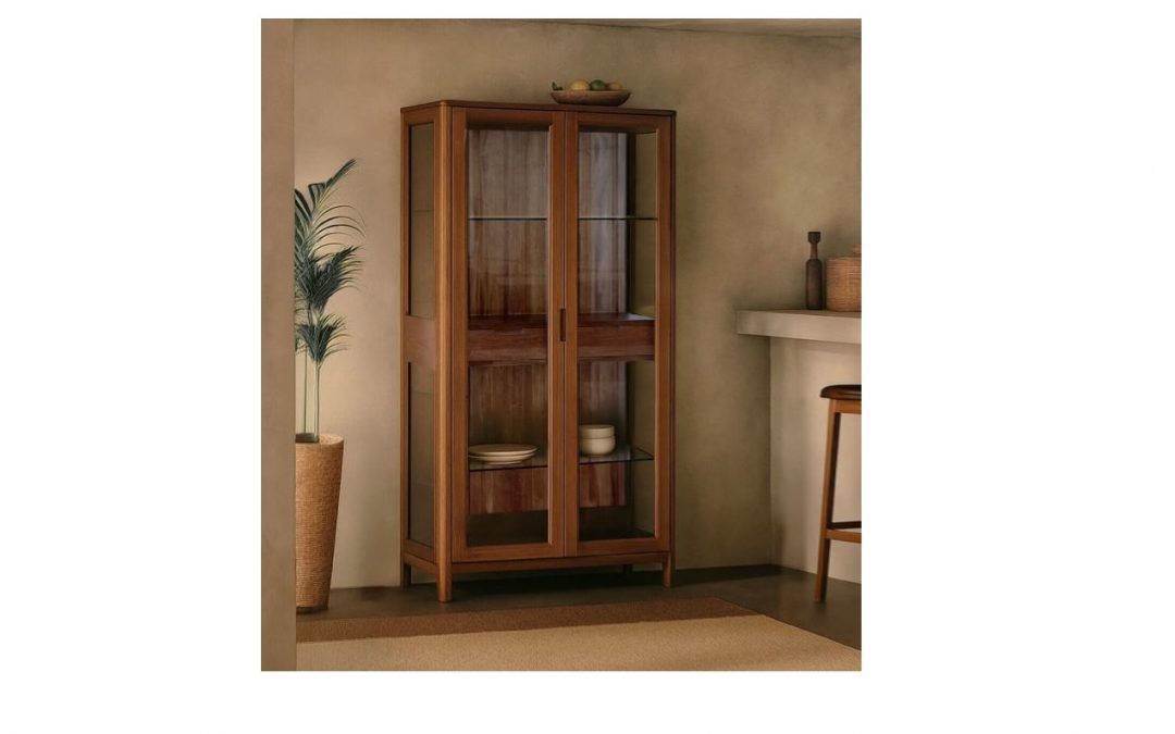VITRINA 2 PUERTAS 2 CAJONES CON ESTANTES DE CRISTAL MADERA DE CAOBA MED: 100 X 40 X 190 CM ALTO