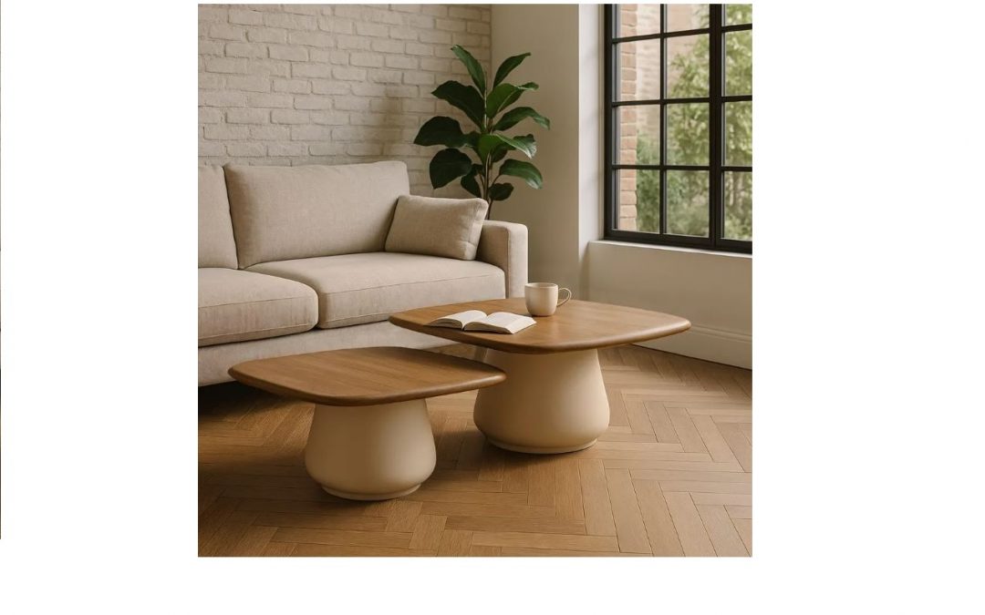 SET 2 MESAS DE CENTRO TAPA MADERA DE MANGO Y BASE METÁLICA COLOR CREMA MED: 90 X 90 X 40 CM ALTO / 70 X 70 X 37 CM ALTO