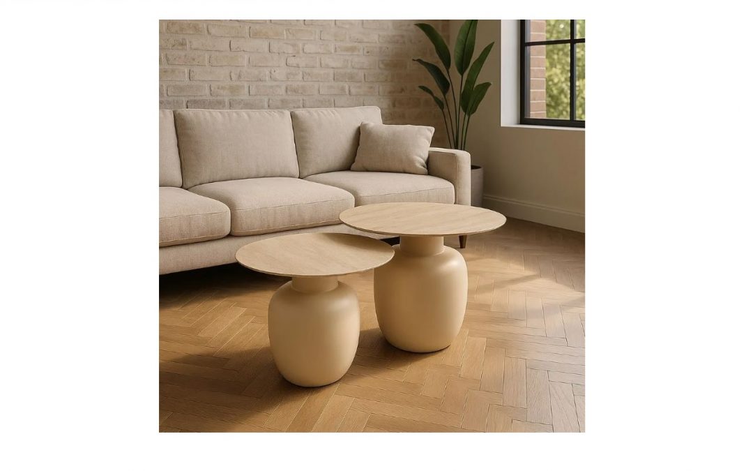 SET 2 MESAS AUXILIARES TAPA CERÁMICA Y BASE DE HIERRO COLOR CREMA MED: 60 X 60 X 47 CM ALTO / 50 X 50 X 42 CM ALTO