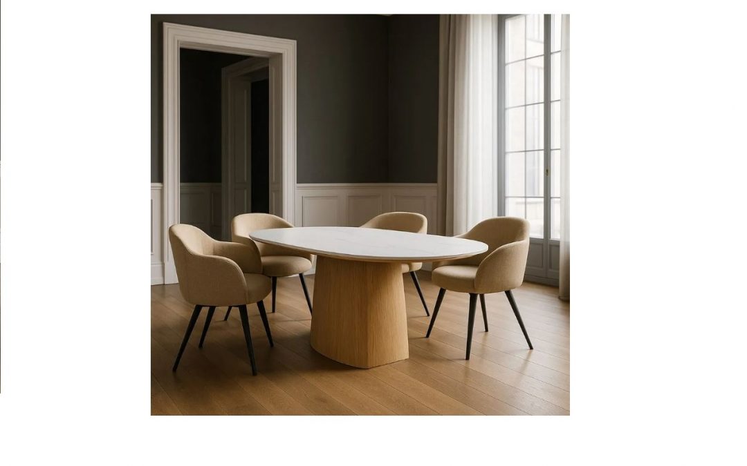 MESA DE COMEDOR FIJA OVALADA TOP CERÁMICO 6 MM IMITACIÓN MÁRMOL DE 2,5 CM DE GROSOR Y BASE DM COLOR NATURAL MED: 180 X 90 X 75 CM ALTO