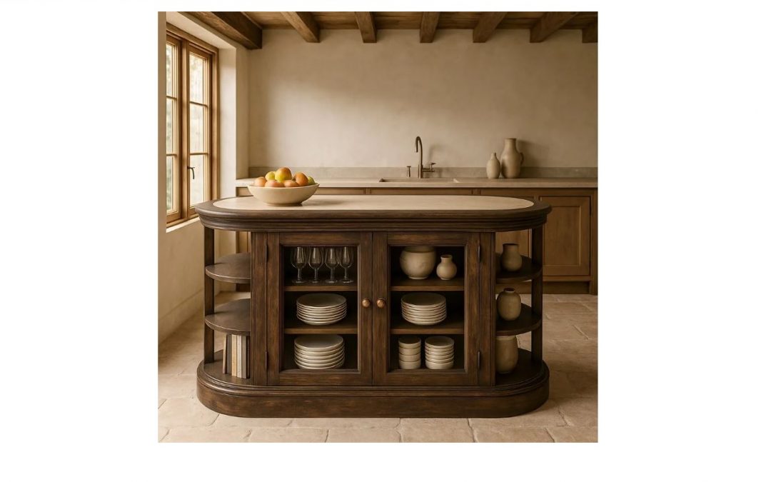 ISLA DE COCINA MADERA DE MANGO / MÁRMOL 2 PUERTAS Y ESTANTES MED: 140 X 50 X 80 CM ALTO