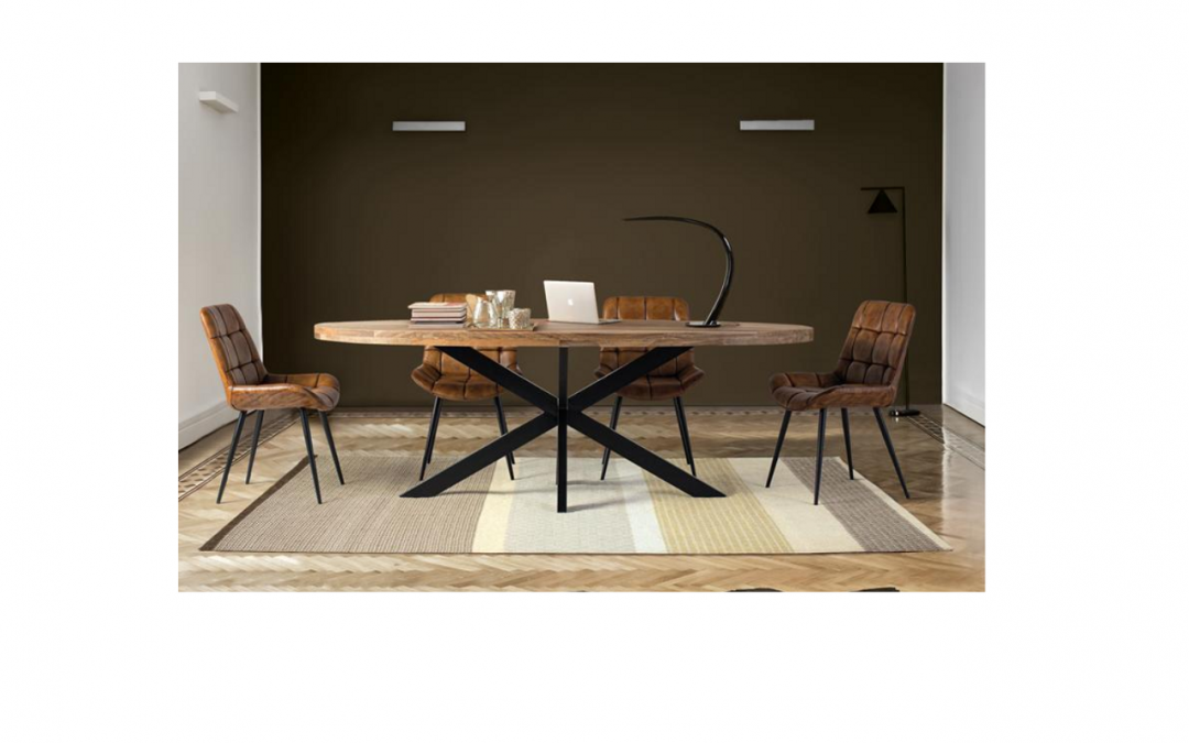 MESA DE COMEDOR OVALADA MADERA DE MANGO MACIZO Y BASE DE HIERRO NEGRO ESTILO INDUSTRIAL MED: 220 X 100 X 76 CM ALTO