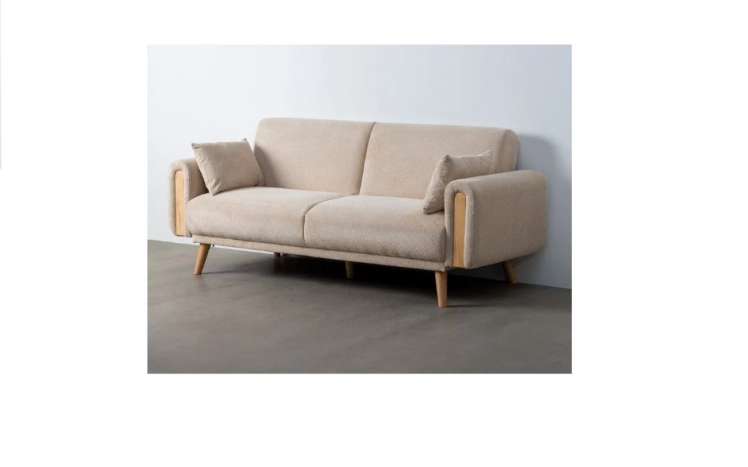 SOFÁ CAMA TAPIZADO FOAM CON COJINES COLOR BEIGE PATAS Y FRENTE DE BRAZOS DE MADERA MED: 218 X 82 X 90 CM ALTO (TAMBIÉN EN COLOR TERRACOTA)