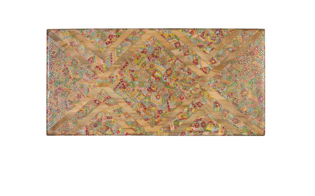 CABECERO MADERA DE MANGO ESTILO ÉTNICO CON INCRUSTACIONES DE MOSÁICOS DE COLORES MED: 165 X 5 X 80 CM ALTO (MESILLAS A JUEGO REF. 2188 GYC)