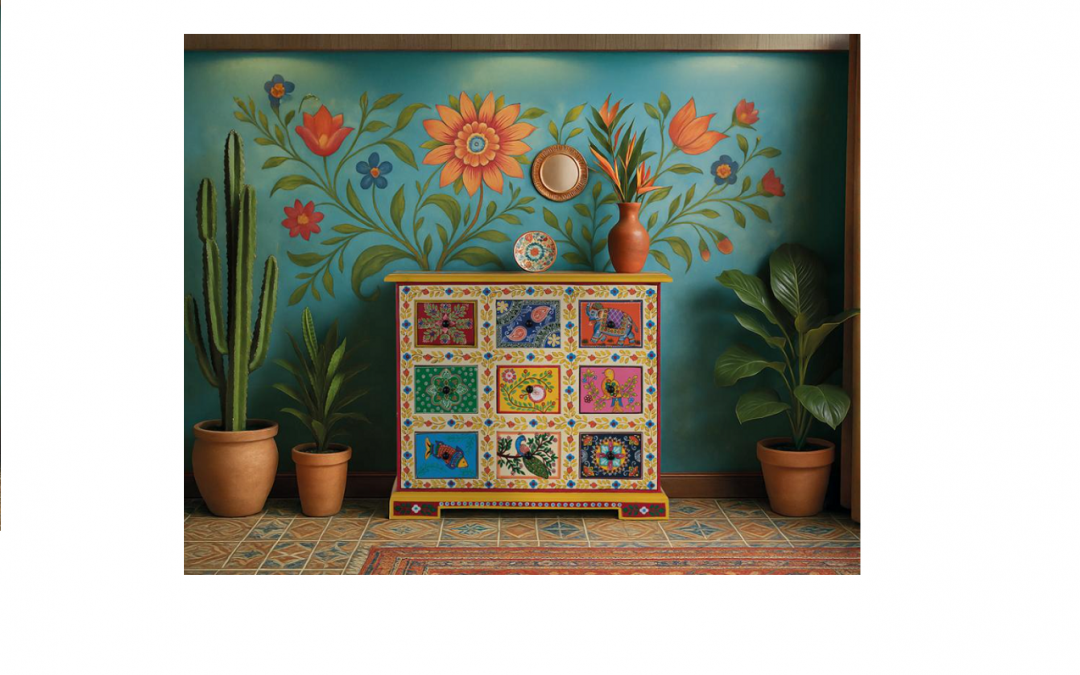 TAQUILLÓN O MUEBLE AUXILIAR MADERA DE MANGO 9 CAJONES PINTADOS A MANO ESTILO ÉTNICO MED: 70 X 30 X 60 CM ALTO