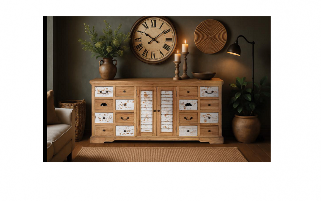 APARADOR ESTILO RÚSTICO MADERA DE MINDI 12 CAJONES 2 PUERTAS CON LAMAS TIRADORES METÁLICOS MED: 160 X 50 X 77 CM ALTO