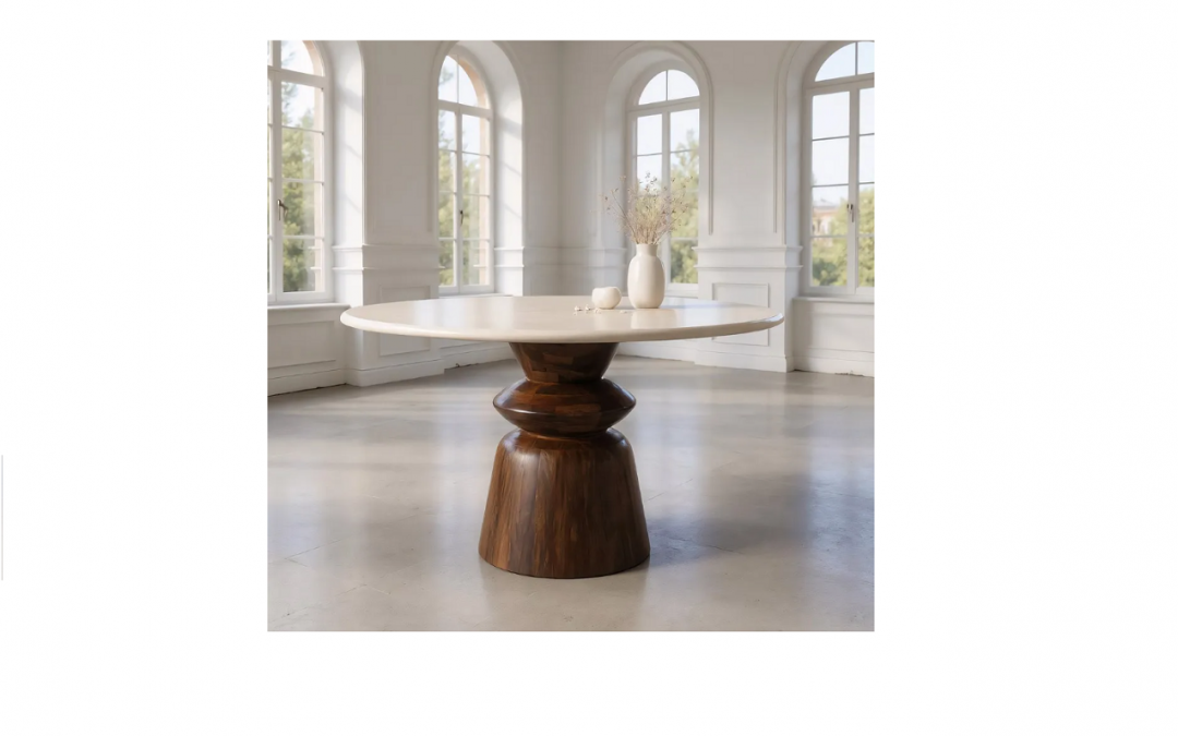 MESA DE COMEDOR MÁRMOL Y BASE MADERA DE MANGO COLOR NOGAL MED: 120 X 120 X 76 CM ALTO