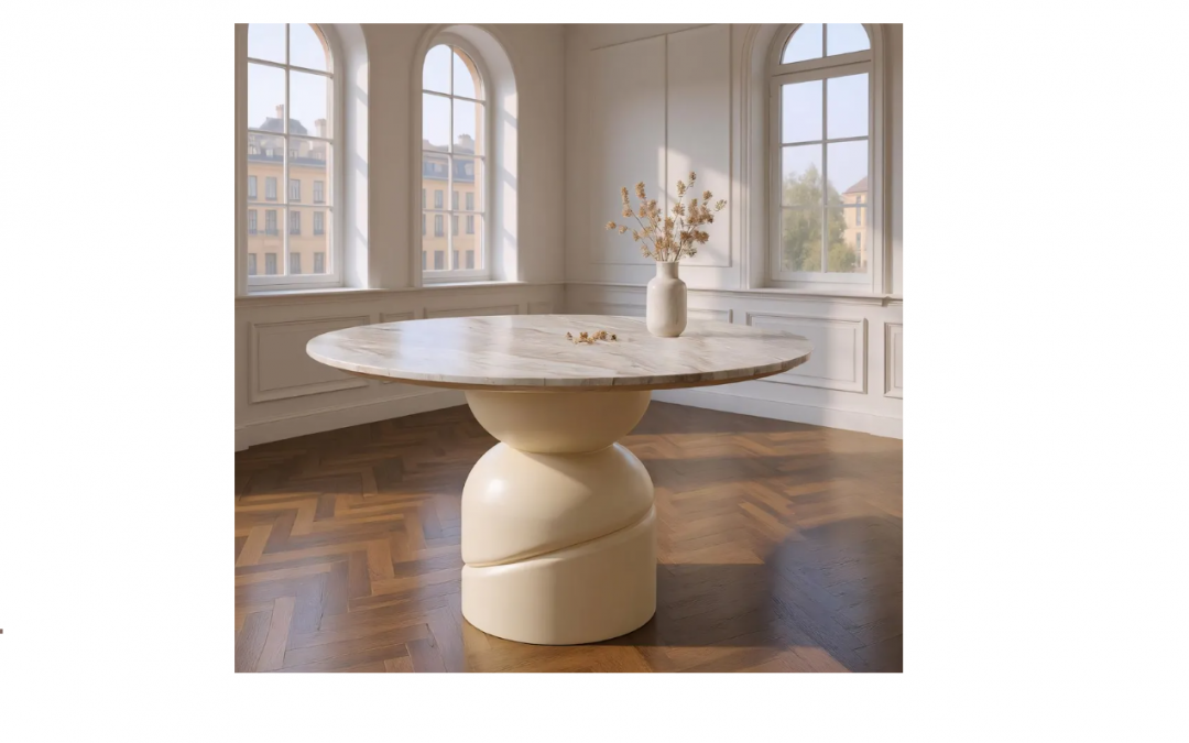 MESA DE COMEDOR TAPA MÁRMOL Y BASE MADERA DE MANGO LACADA MED: 120 X 120 X 76 CM ALTO