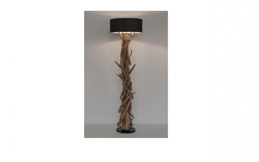 LÁMPARA PIÉ MADERA DE TECA Y PANTALLA ALGODÓN COLOR NEGRO MED: 55 X 180 CM ALTO
