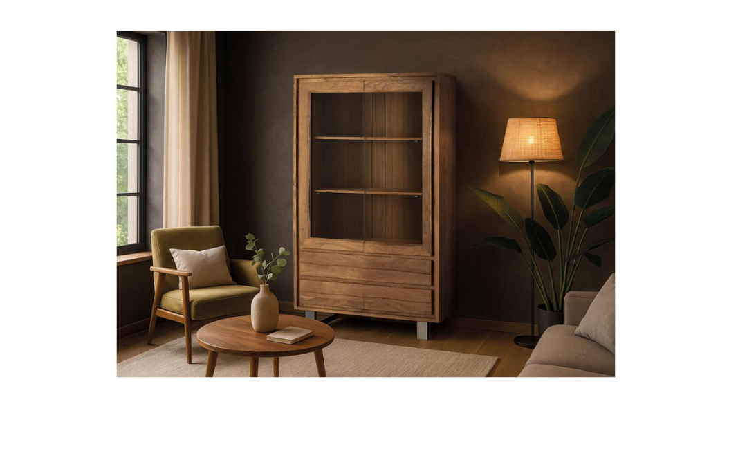 VITRINA 2 PUERTAS 4 CAJONES MADERA DE ACACIA PATAS METÁLICAS MED: 120 X 45 X 190 CM ALTO