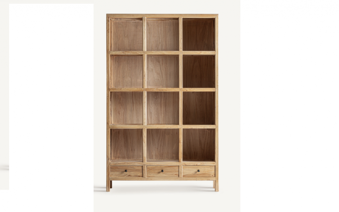 LIBRERÍA 3 CAJONES 12 HUECOS ESTILO COLONIAL MADERA DE OLMO MED: 120 X 38 X 190 CM ALTO