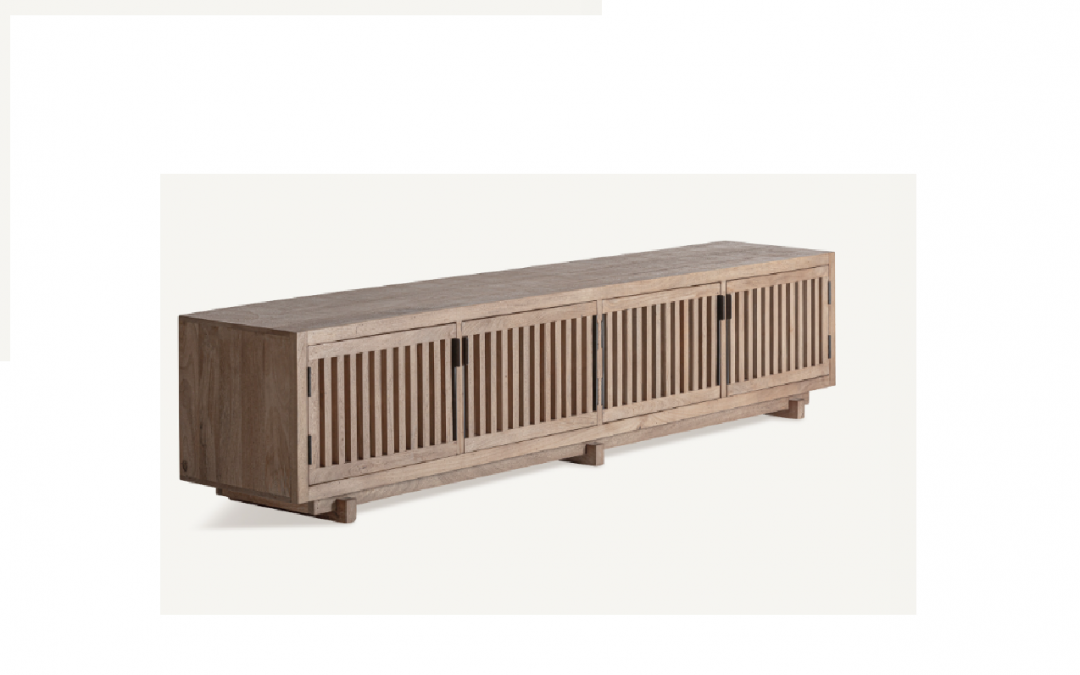 MUEBLE T.V. 4 PUERTAS CON FRENTES ALISTONADOS CON 8 HUECOS INTERIORES MADERA DE MANGO COLOR ARENADO MED: 253 X 45 X 54 CM ALTO