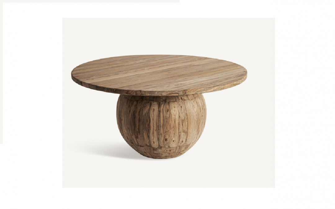 MESA DE COMEDOR REDONDA CON BASE ESFÉRICA MADERA DE TECA ACABADO ENVEJECIDO MED: 150 X 150 X 80 CM ALTO