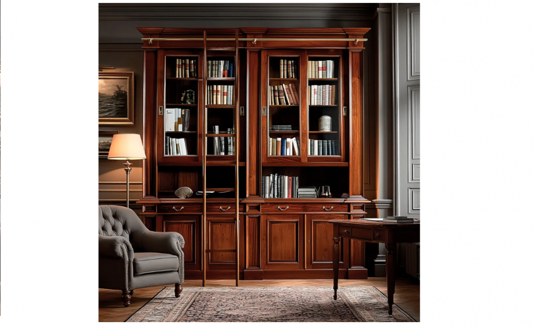 LIBRERÍA 8 PUERTAS 2 CAJONES 2 HUECOS CON BARRA Y ESCALERA MADERA DE CAOBA MACIZA MED: 228 X 56 X 239 CM ALTO