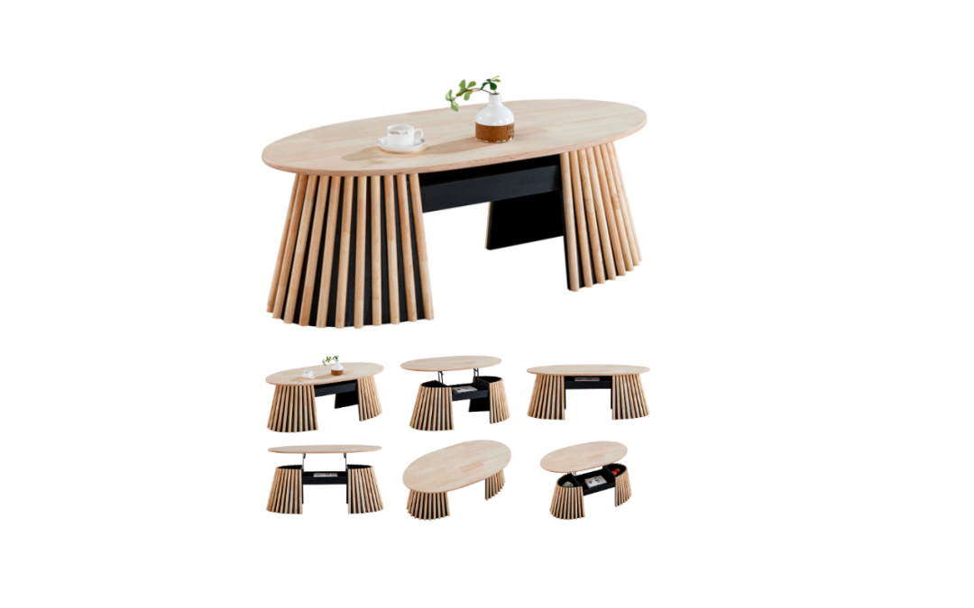 MESA DE CENTRO ELEVABLE OVALADA MADERA MACIZA CON CHAPA DE ROBLE PATAS CÓNICAS EN PALILLERÍA DE MADERA CON 3 CAJONES INTERIORES MED: 120 X 60 X 45,5 CM / 60,5 CM ALTO